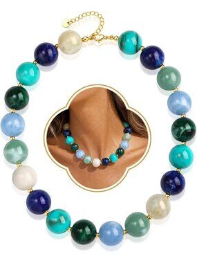 Women's Green Chunky Beaded Necklace Adjustable Layered Beach Summer Jewelry
